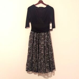 Sangria Cocktail Dress Fit and Flare Black with Metallic Lace Size 6 NWT.